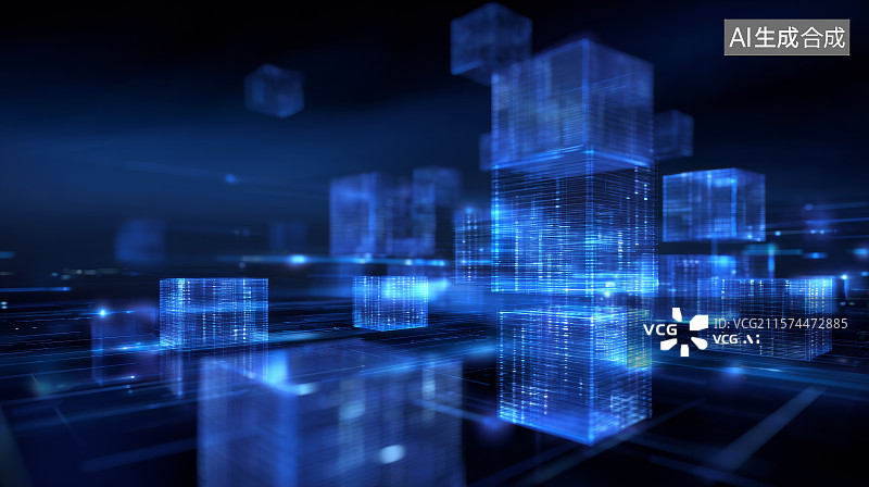 【AI数字艺术】蓝色光效构建的数字立方体矩阵结构图像图片素材