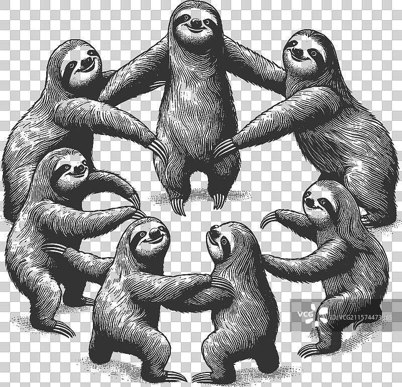 树懒手牵手在圈中跳舞图片素材