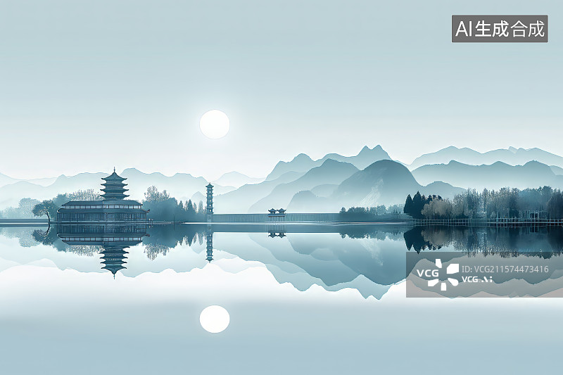 【AI数字艺术】中国风传统水墨山水画图片素材