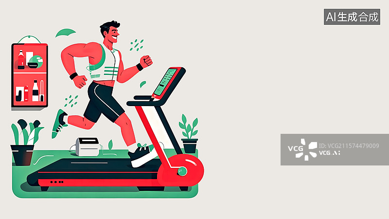 【AI数字艺术】跑步机上跑步的男人2D卡通背景居左图片素材