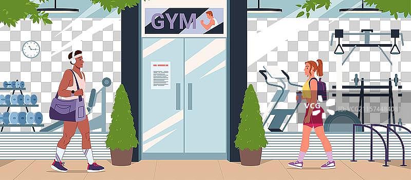 穿着运动服的人们带着包走向健身房的门图片素材