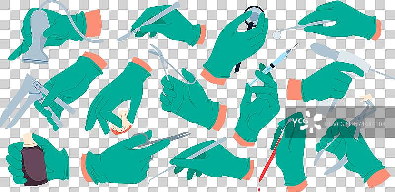 医生戴着蓝色无菌手套的手正在握住图片素材