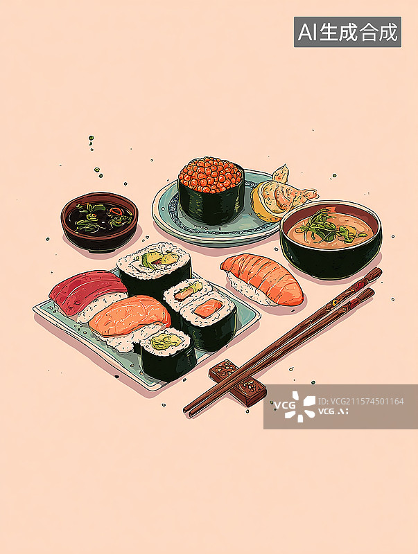 【AI数字艺术】日式美食插画，寿司饭团插画图片素材