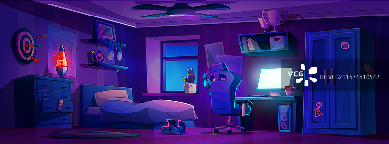 青少年男孩的卧室夜景图片素材