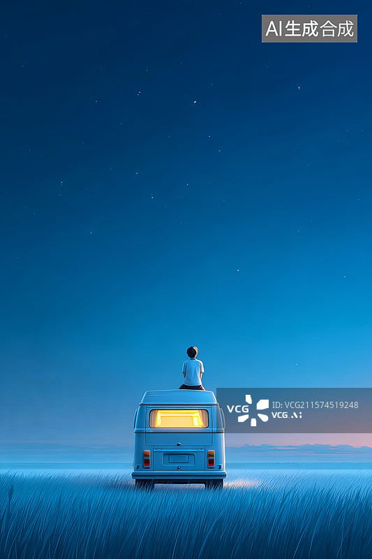 【AI数字艺术】夏日蓝色草原，一个人坐在车顶上，凝视着星空图片素材