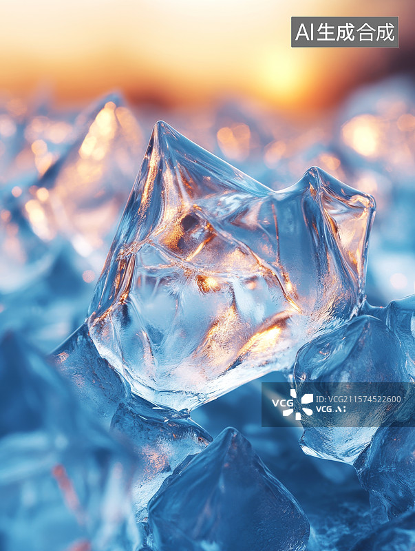 【AI数字艺术】晶莹剔透的冰块在暖光下闪耀图片素材