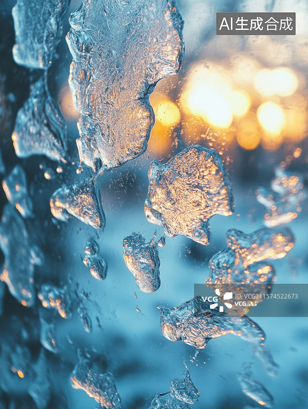 【AI数字艺术】冰晶覆盖的玻璃窗与温暖光斑图片素材