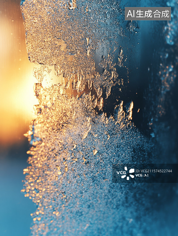【AI数字艺术】冰霜覆盖的玻璃窗在夕阳下闪耀图片素材