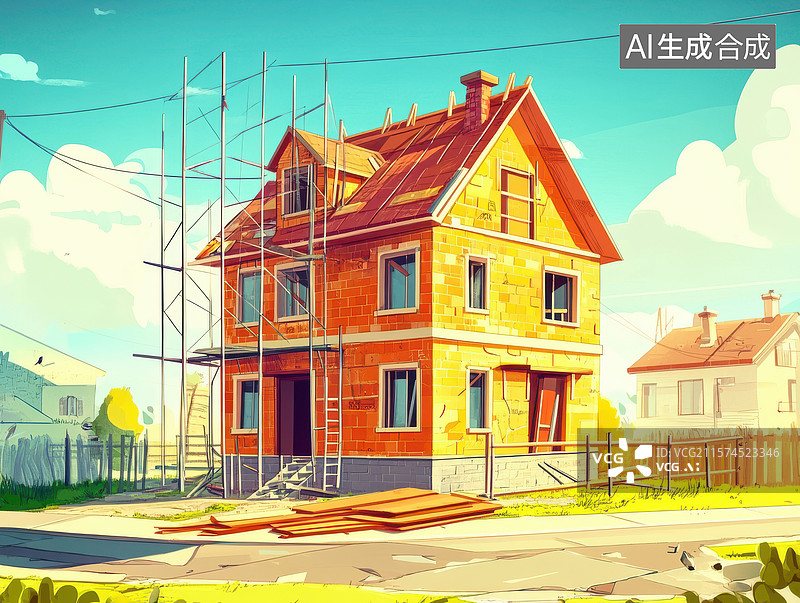 【AI数字艺术】正在建设中的两层砖房图片素材