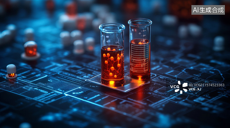 【AI数字艺术】科技电路板上的实验试管图片素材