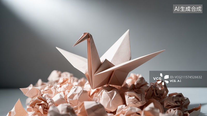 【AI数字艺术】折纸鹤置于皱纸堆中图片素材