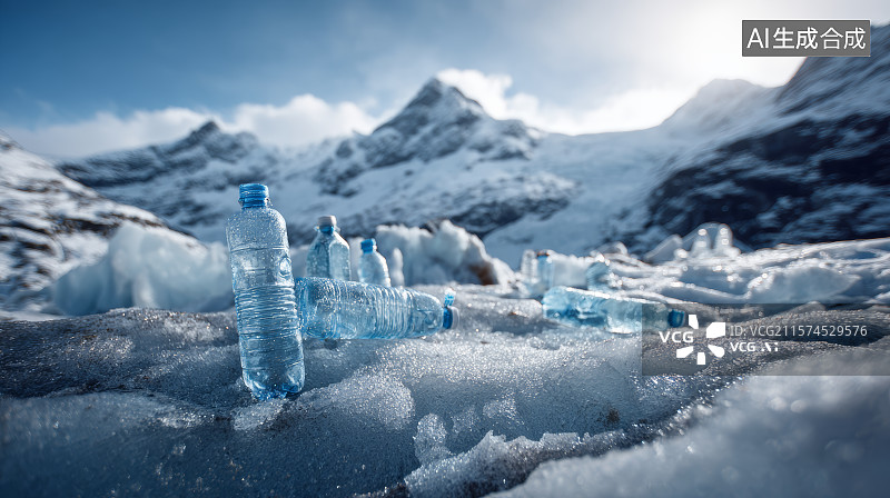 【AI数字艺术】生态环保题材，冰川上的垃圾塑料瓶，环境污染，生态自理，垃圾处理图片素材