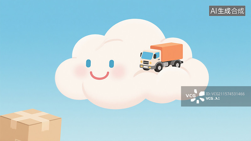 【AI数字艺术】卡通云朵，货运卡车，物流快递，配送图片素材