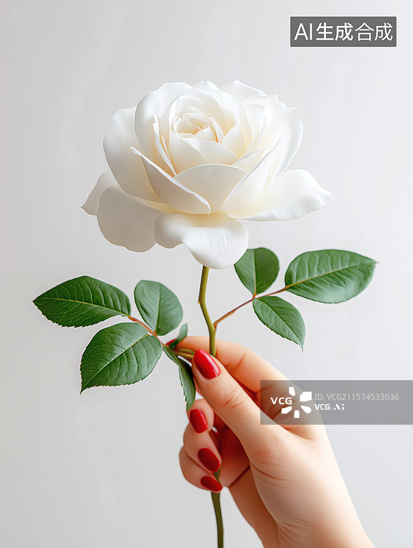 【AI数字艺术】一只手拿着一枝白色的玫瑰花图片素材