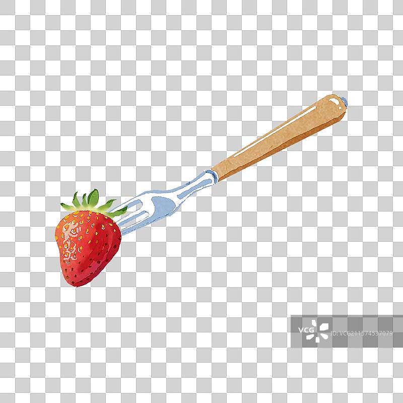 一只叉子叉着草莓手绘插画素材图片素材