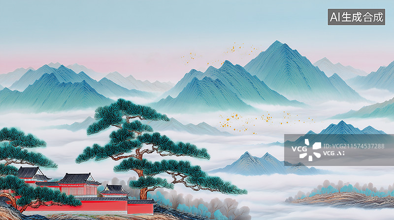 【AI数字艺术】青绿山水古建意境插画图片素材