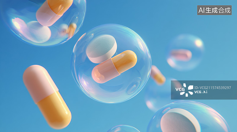 【AI数字艺术】胶囊药物悬浮于透明泡泡中图片素材