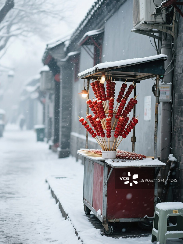 冬天下雪天北京胡同里的冰糖葫芦 摊位图片素材