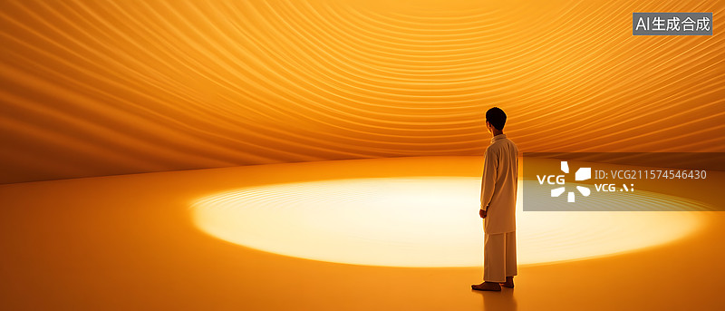 【AI数字艺术】人物站立于橙色光影空间图片素材