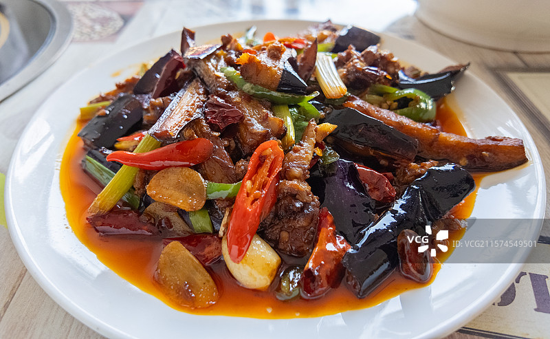 家常炒菜肉末茄子图片素材