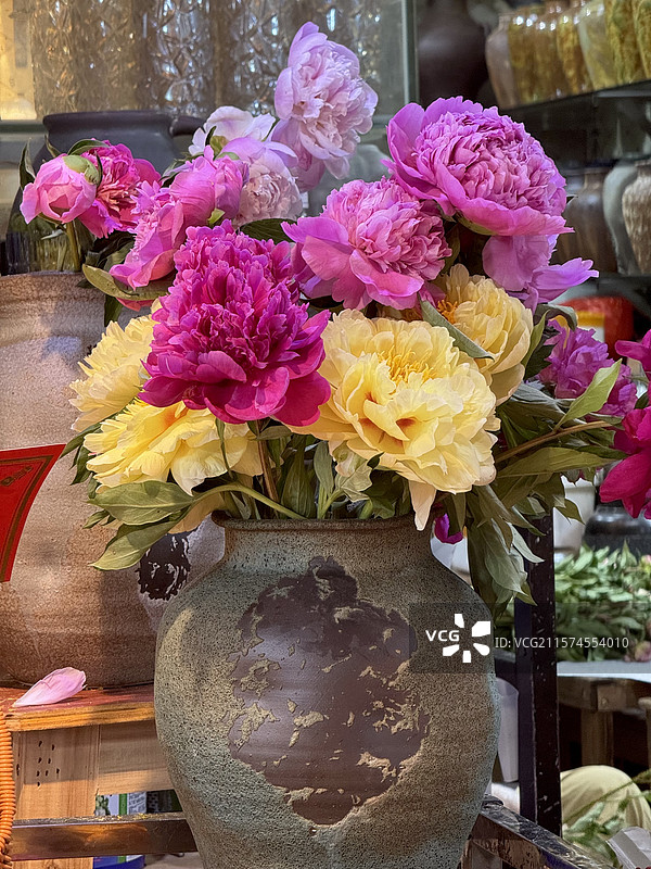 多色芍药插瓶图片素材