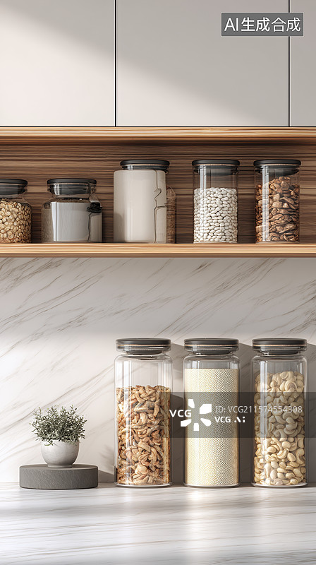 【AI数字艺术】厨房储物架上的透明罐装食材图片素材