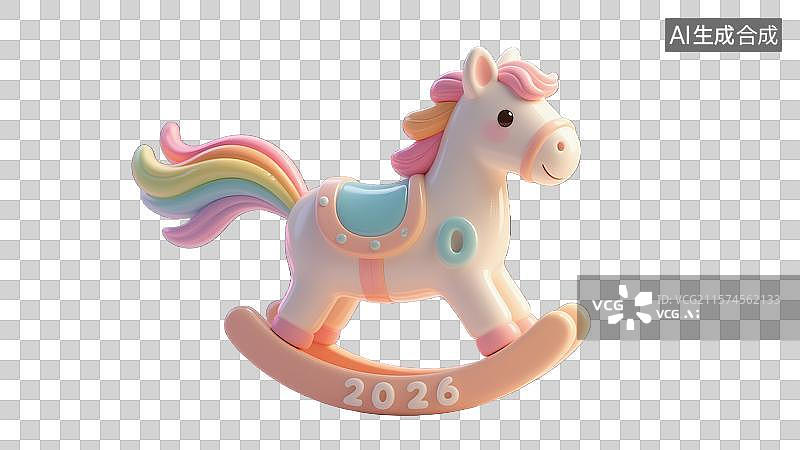【AI数字艺术】2026年春节马年十二生肖创意动物丙午年火马年红马年新年糖果色陶瓷小马驮着发光数字彩虹鬃毛和黏土图片素材