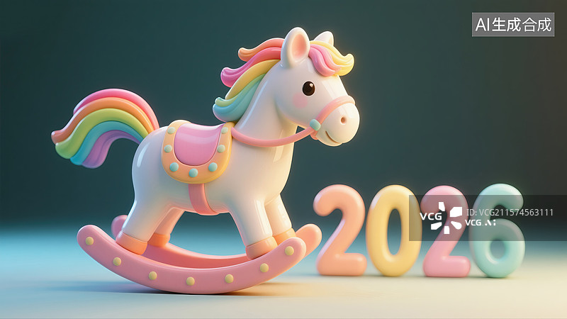 【AI数字艺术】2026年春节马年十二生肖创意动物丙午年火马年红马年新年糖果色陶瓷小马驮着发光数字彩虹鬃毛和黏土图片素材