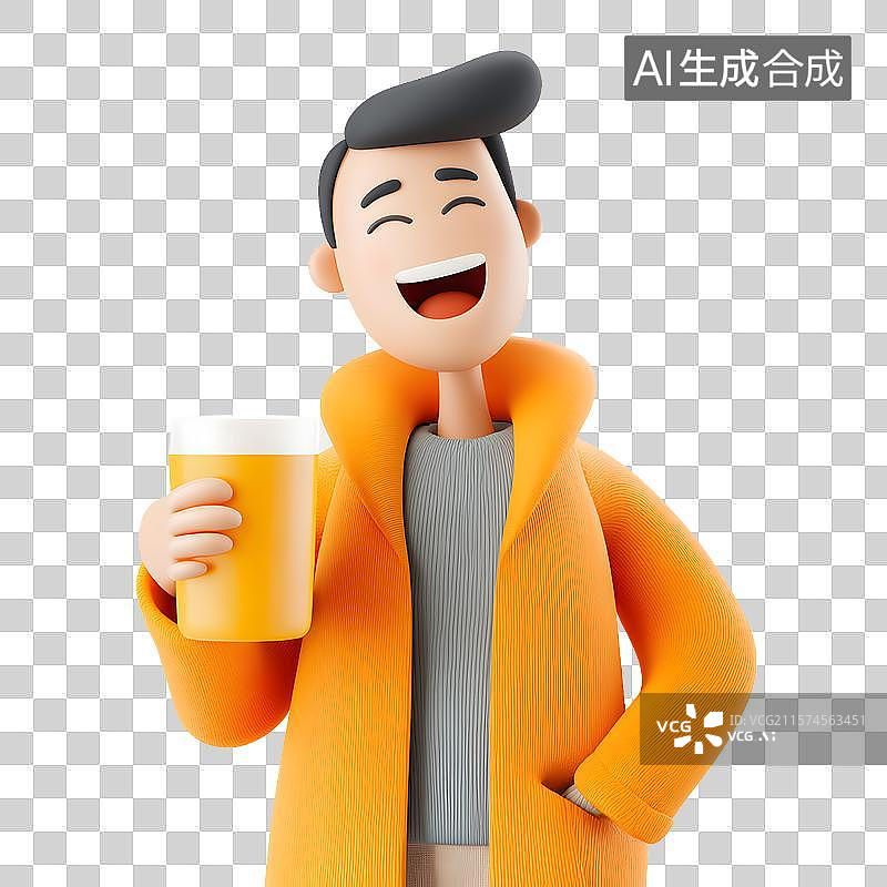 【AI数字艺术】【免抠png素材】一个3D卡通男人开心的喝啤酒图片素材