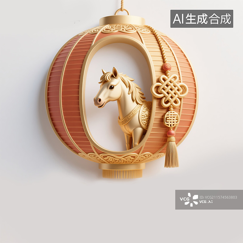 【AI数字艺术】2026年春节马年十二生肖创意动物丙午年火马年红马年新年马从灯笼形"0"中探头红色流苏的传统圆形徽章图片素材