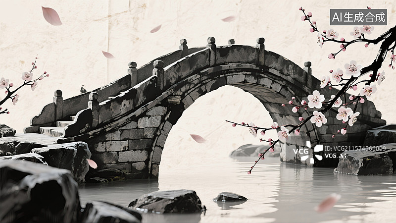 【AI数字艺术】优雅的中国水墨石桥与3D黑色笔触和漂浮梅花抽象商业背景杂志插图书籍封面企业活动宣纸纹理海报图片素材