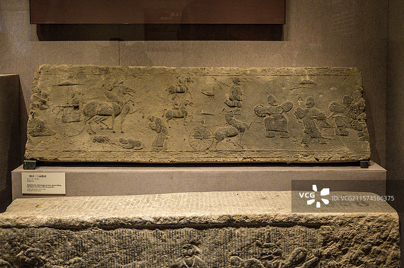 河南博物院陈列文物——新野县出土东汉二桃杀三士画像砖图片素材