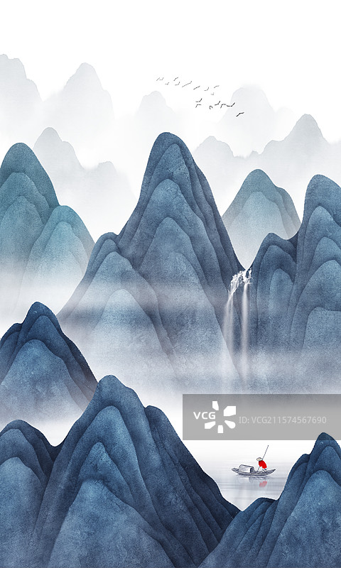 新中式山水蓝色水墨意境山水画风景插画图片素材