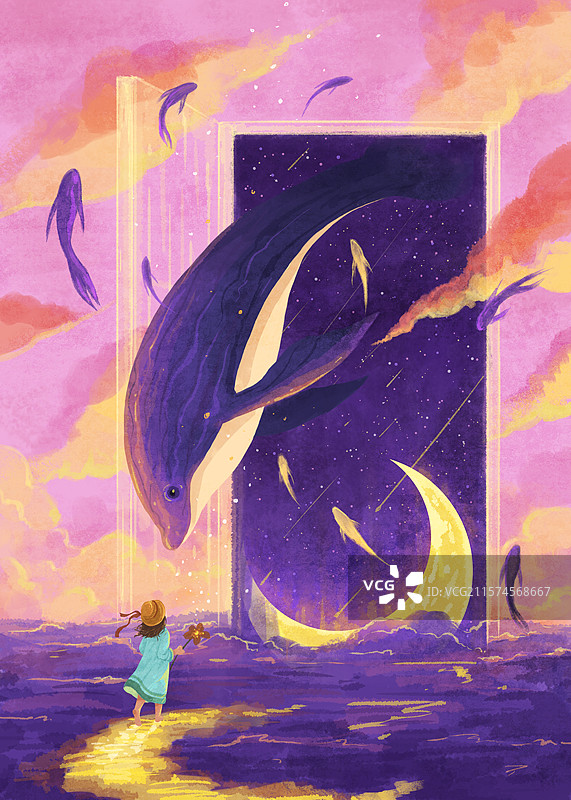 创意插画儿童背影海浪和鱼图片素材