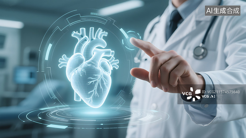 【AI数字艺术】医生的手指着透明发光的心脏图片素材