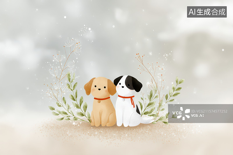 【AI数字艺术】双犬相伴绿植温馨场景​图片素材