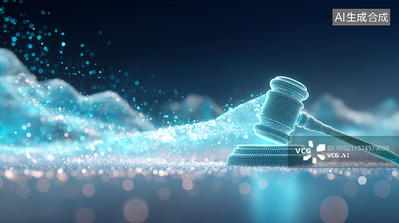 【AI数字艺术】科技背景——抽象发光粒子组成的法槌图片素材