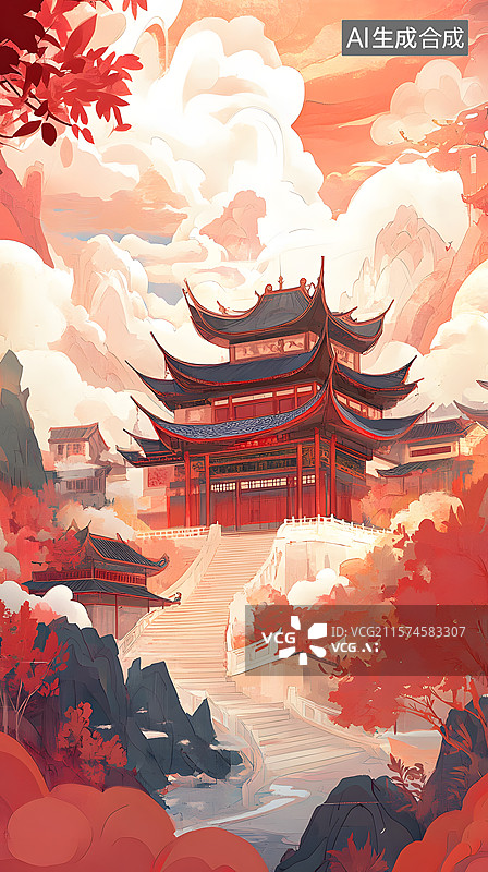 【AI数字艺术】中国风古建筑天宫楼阁与山水花卉的和谐美景图片素材