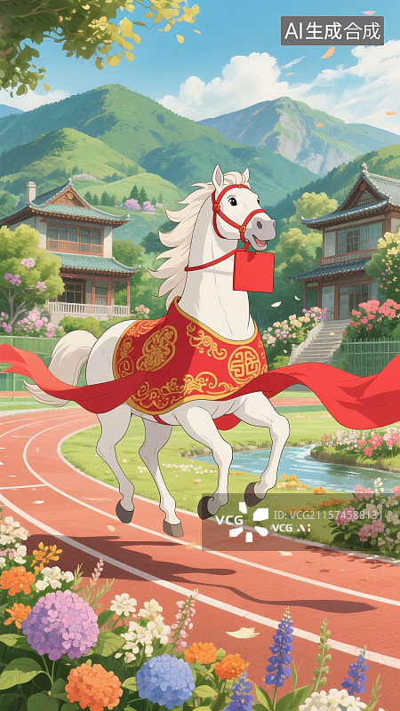 【AI数字艺术】马到成功巨大白马马身矫健四蹄扬起姿态充满力量感图片素材