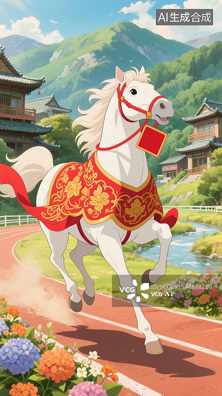 【AI数字艺术】马到成功巨大白马马身矫健四蹄扬起姿态充满力量感图片素材