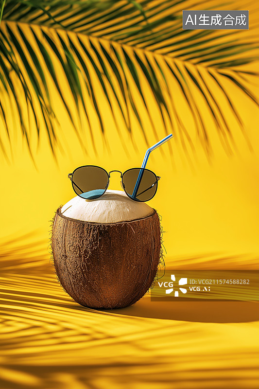 【AI数字艺术】椰子饮品配墨镜，热带风情背景图片素材