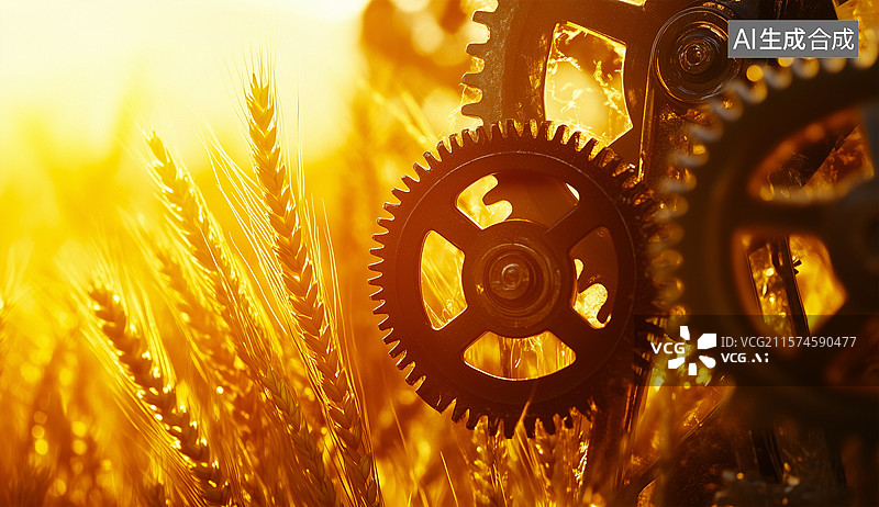 【AI数字艺术】齿轮在阳光沐浴下闪烁，与周围的自然景观形成和谐美感。图片素材