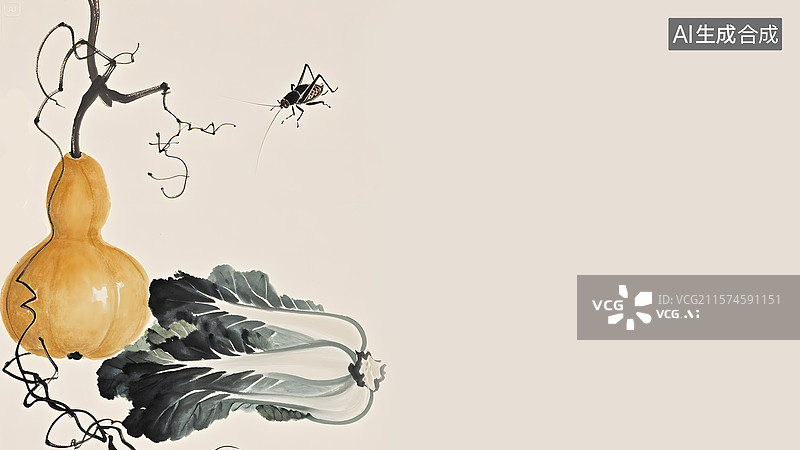 【AI数字艺术】白菜葫芦水墨画居左图片素材