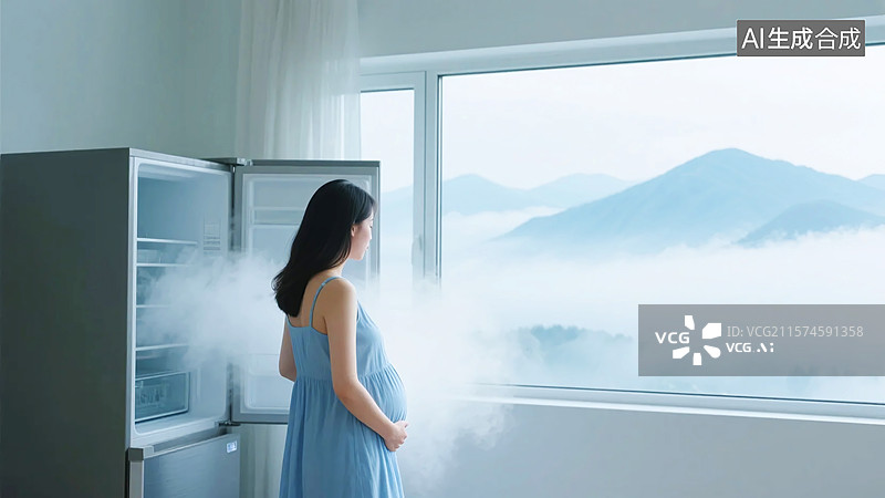 【AI数字艺术】孕妇，孕期生活，冰箱场景，自然风景，准妈妈，孕期日常，生活瞬间，孕期美好，家庭生活，自然环境，孕期状图片素材