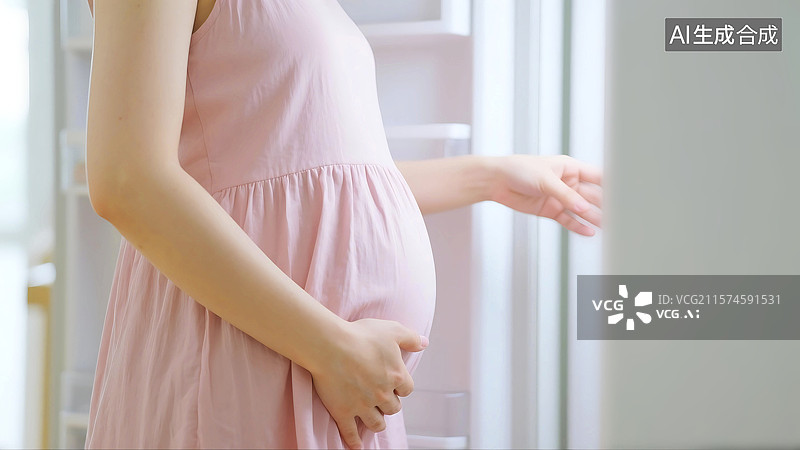 【AI数字艺术】孕妇妈妈站在冰箱前，打开冰箱图片素材