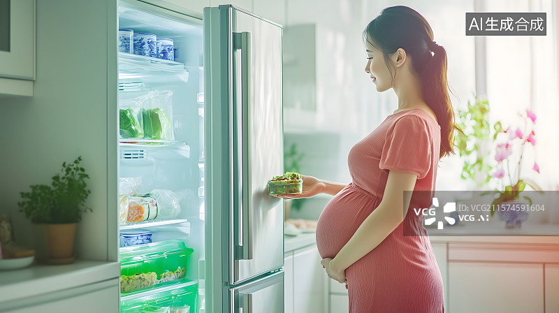 【AI数字艺术】孕妈妈站在冰箱前图片素材