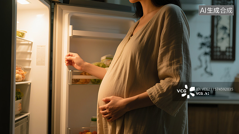 【AI数字艺术】孕妇站在冰箱门前正往冰箱拿东西，母婴饮食健康防护概念图片素材