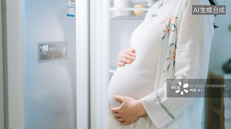 【AI数字艺术】站在冰箱前的孕妇母婴行业背景图片素材
