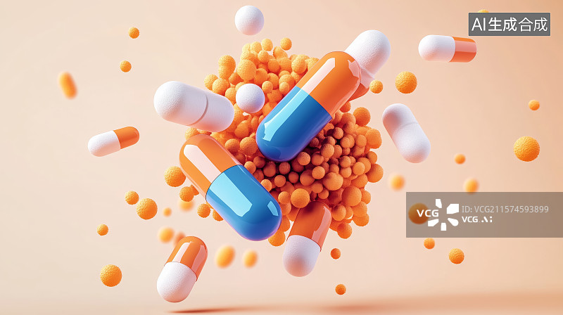 【AI数字艺术】彩色背景下的药丸特写镜头图片素材