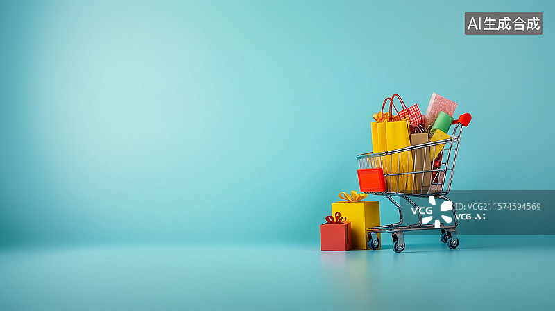 【AI数字艺术】蓝色背景上装满垃圾的购物车，带有复制空间。消费主义。购买垃圾图片素材